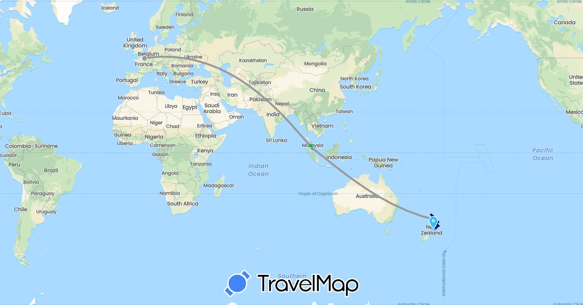 TravelMap itinerary: driving, bus, plane, boat in France, Malaysia, New Zealand (Asia, Europe, Oceania)